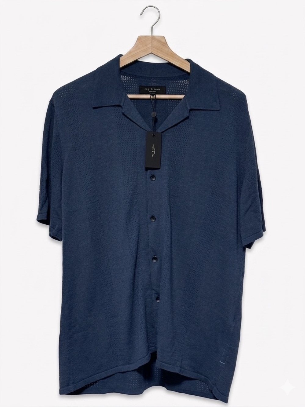 NWT Rag & Bone Zuma Pointelle Avery Shirt Blue Knit Camp Collar Short Sleeve L